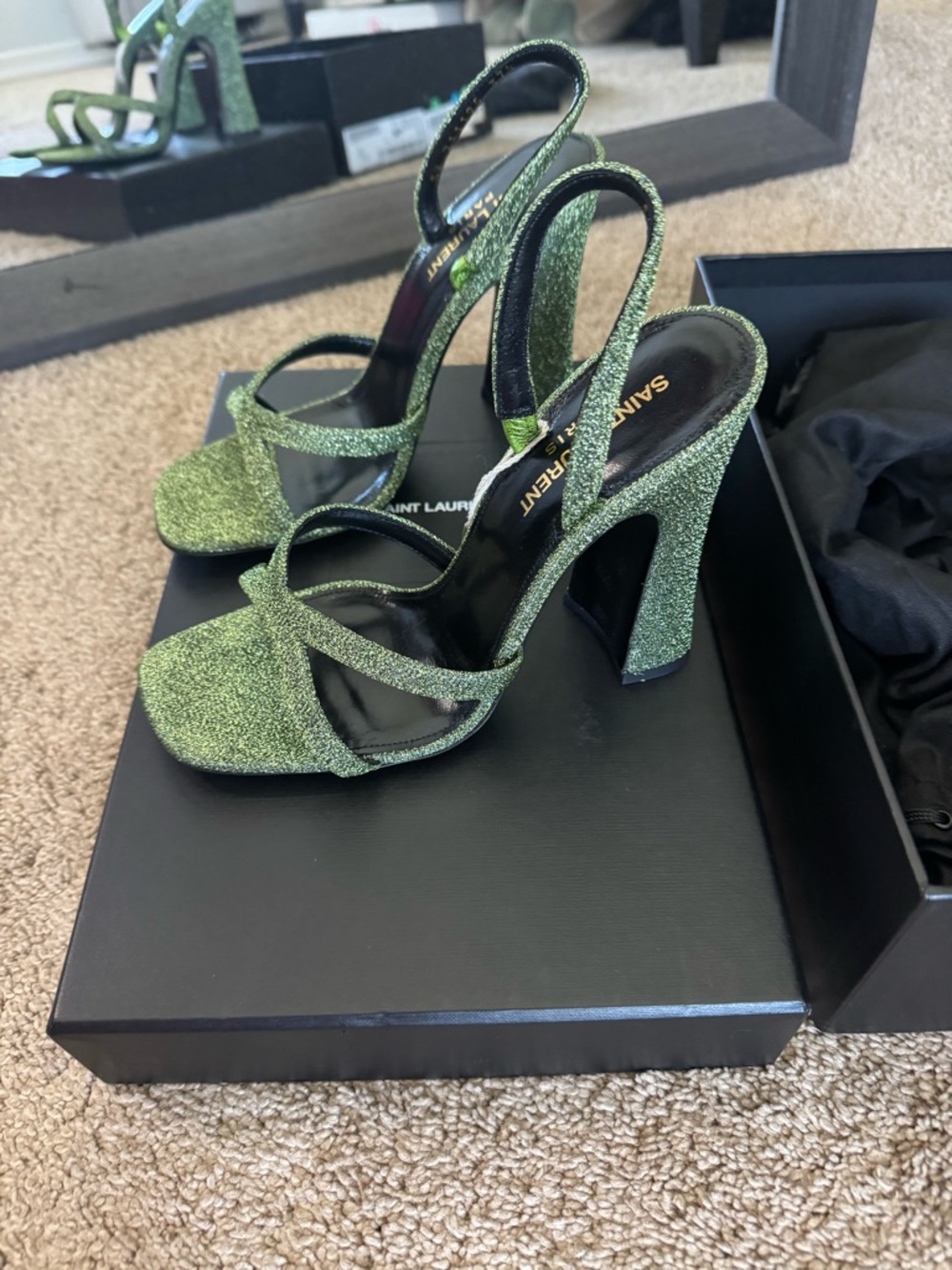 Saint Laurent Metallic Green Glitter Strappy Slingback Heels - Picture 2 of 3